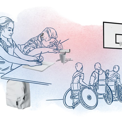 Illustration von zwei Kindern bei Schulaufgaben und einer Gruppe Kinder beim Rollstuhl-Basketball