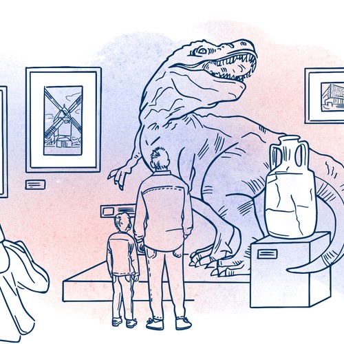 Illustration einem Mann und einem Kind vor einem Dinosaurier in einem Museum