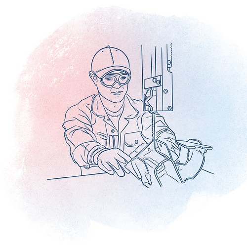 Illustration von einem jungen Mann an einer elektrischen Säge